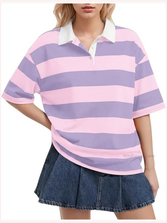 Tops - Oversized Striped Rugby Polo Shirt V-Neck Short Sleeve Summer Top